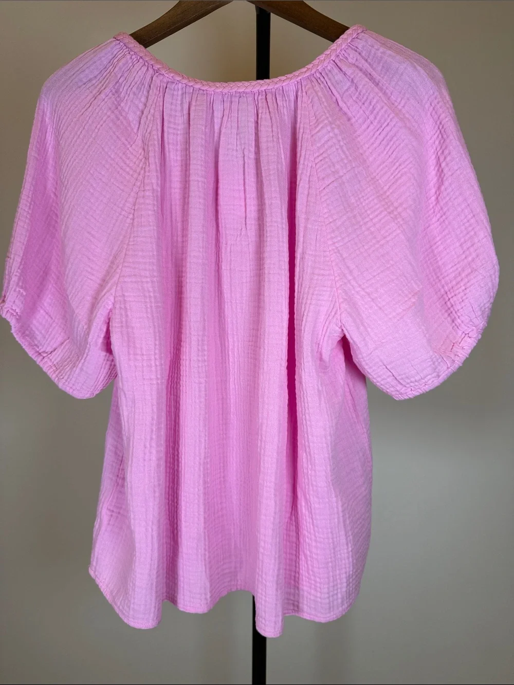 J. Crew Factory Pink Cotton Gauze Puff Sleeve Braided Neck Top | Size XL - Picture 7 of 8